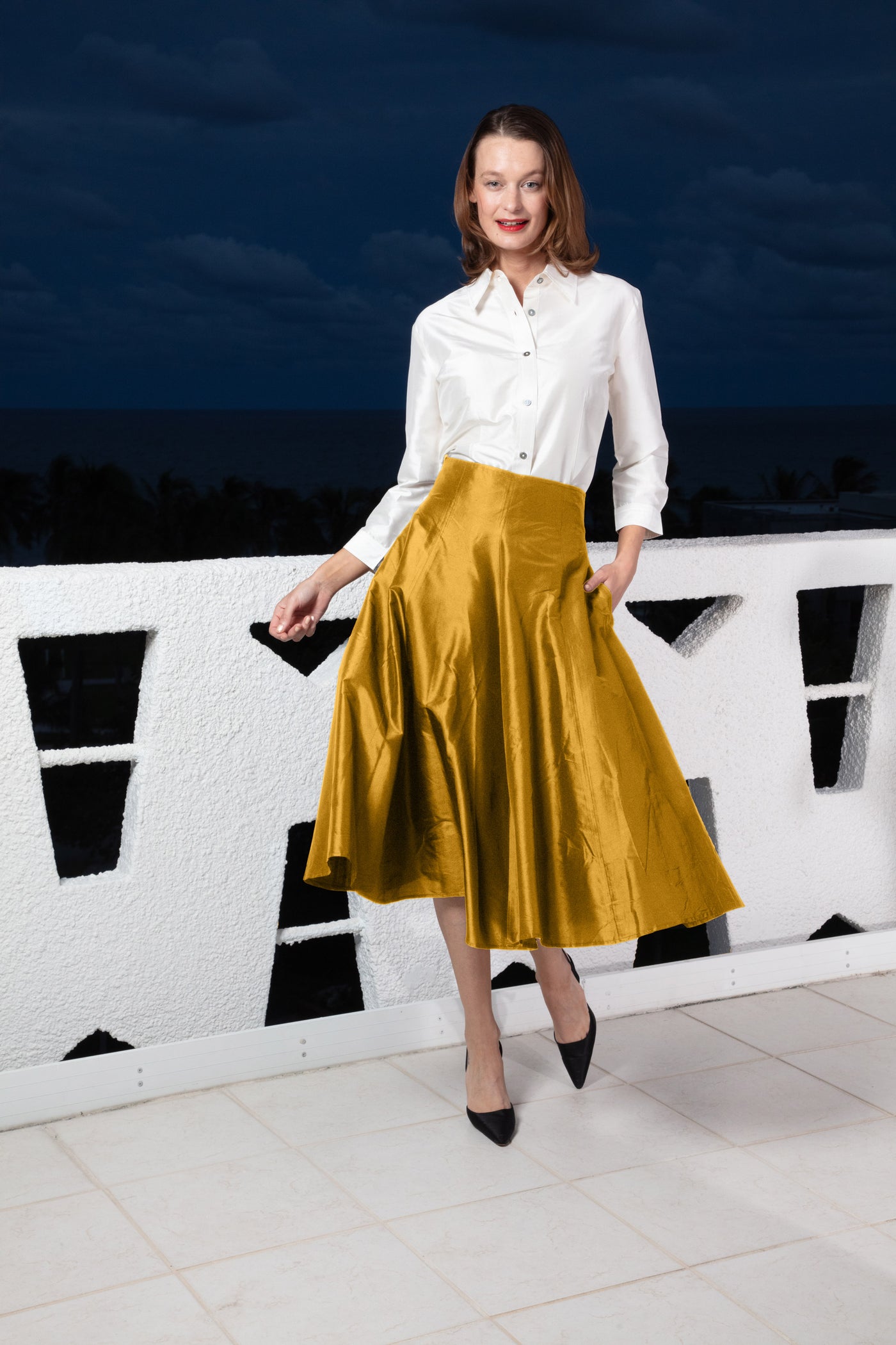 Mid-Calf Silk Skirt Gold Silk