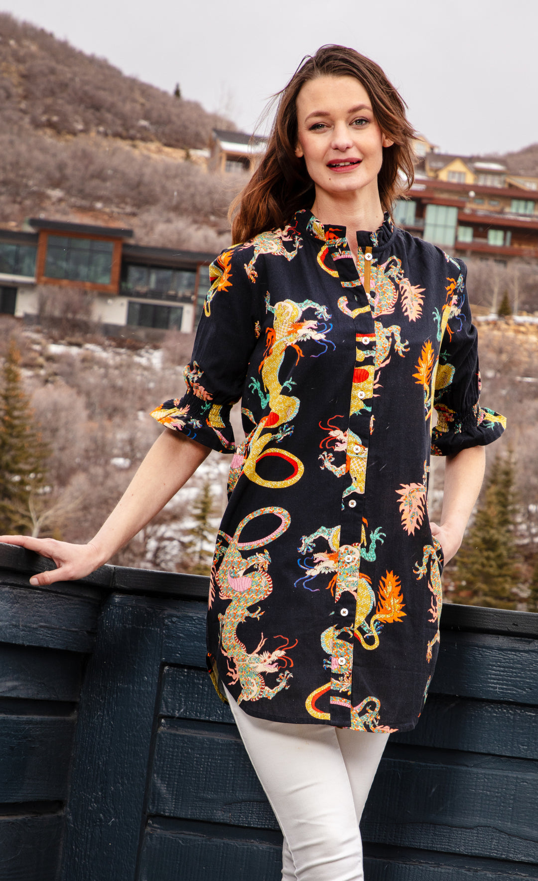 Big Shirt Tunic with Ruffle Black Dragon