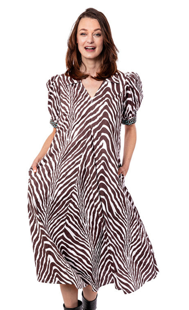 Montauk Dress Chocolate Ivory Tiger Stripes