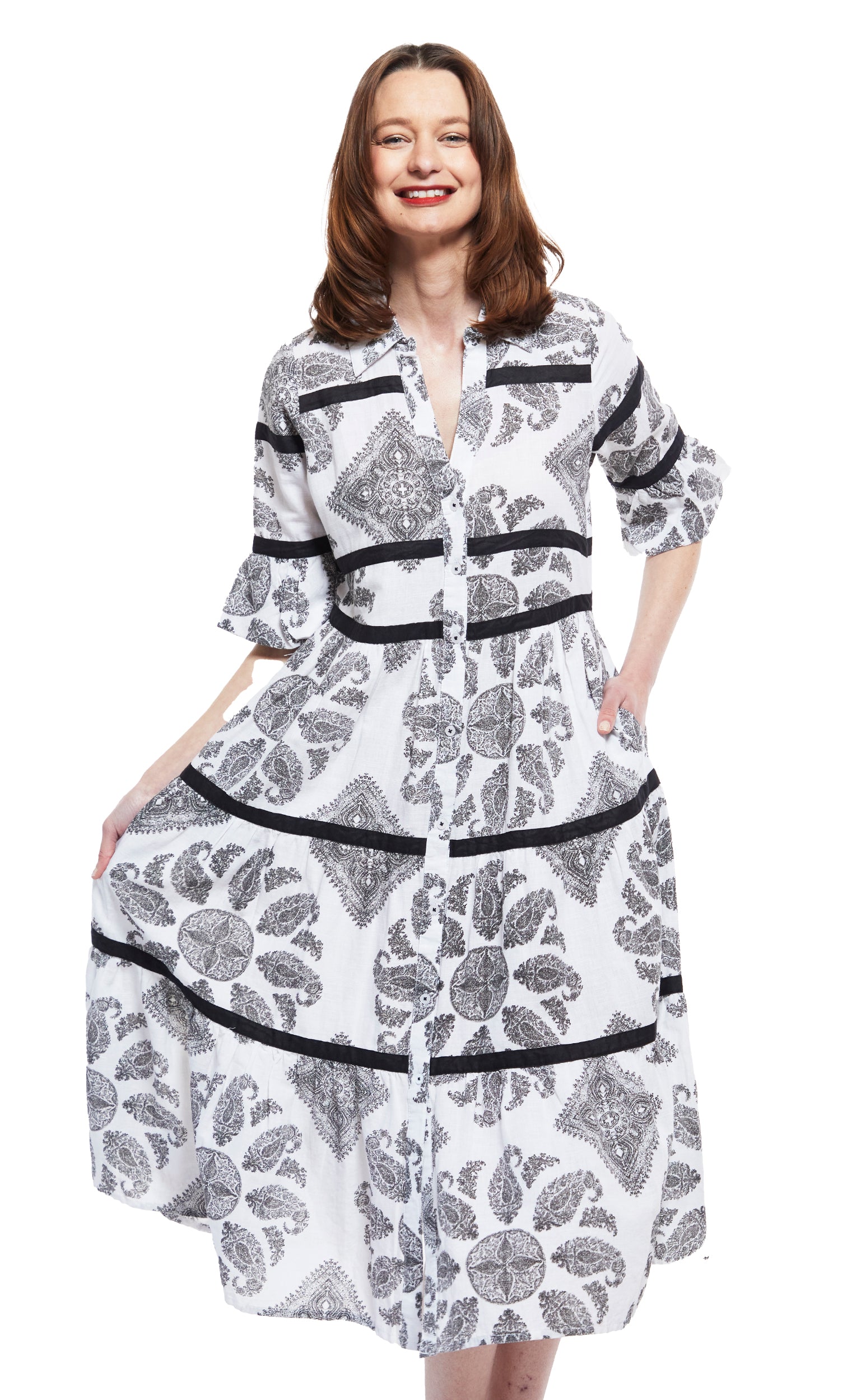 Miami Style Midi with Flounce And Black Ribbons Black White