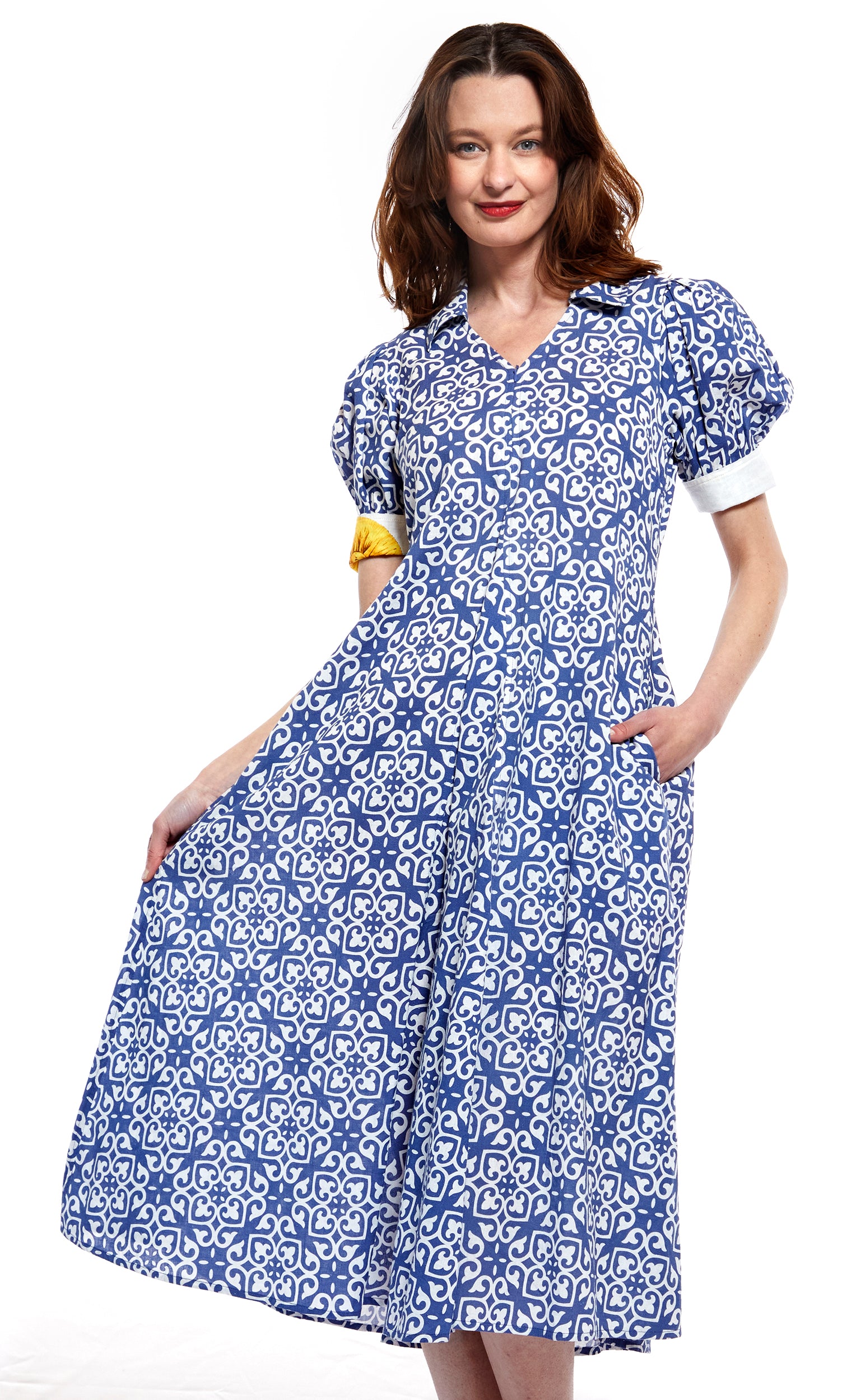 Montauk Dress in Blue with White Geometric Pattern XS / 6657-M600