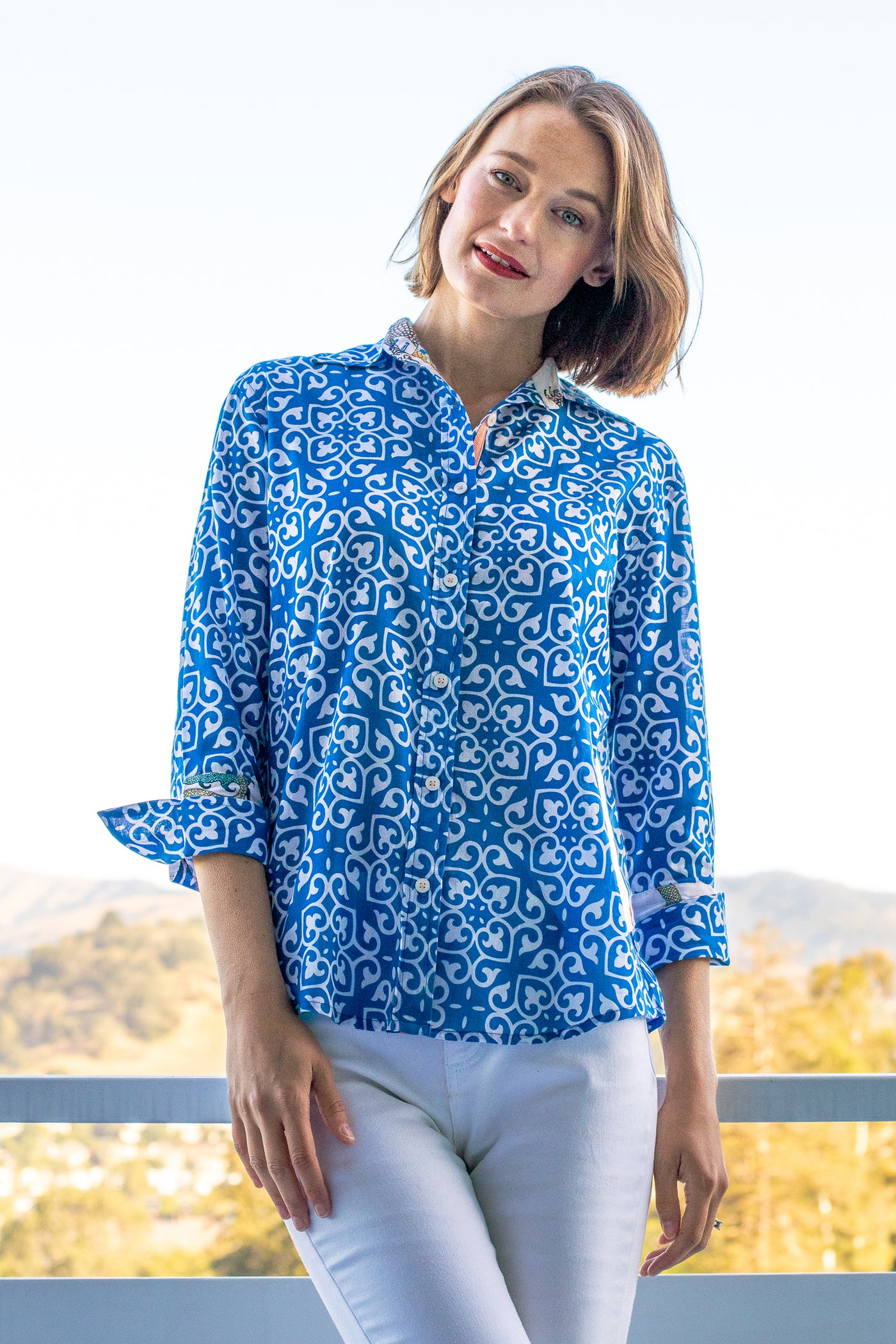 Rome Shirt with 3/4 Sleeves Cobalt Blue & White Geometric Print
