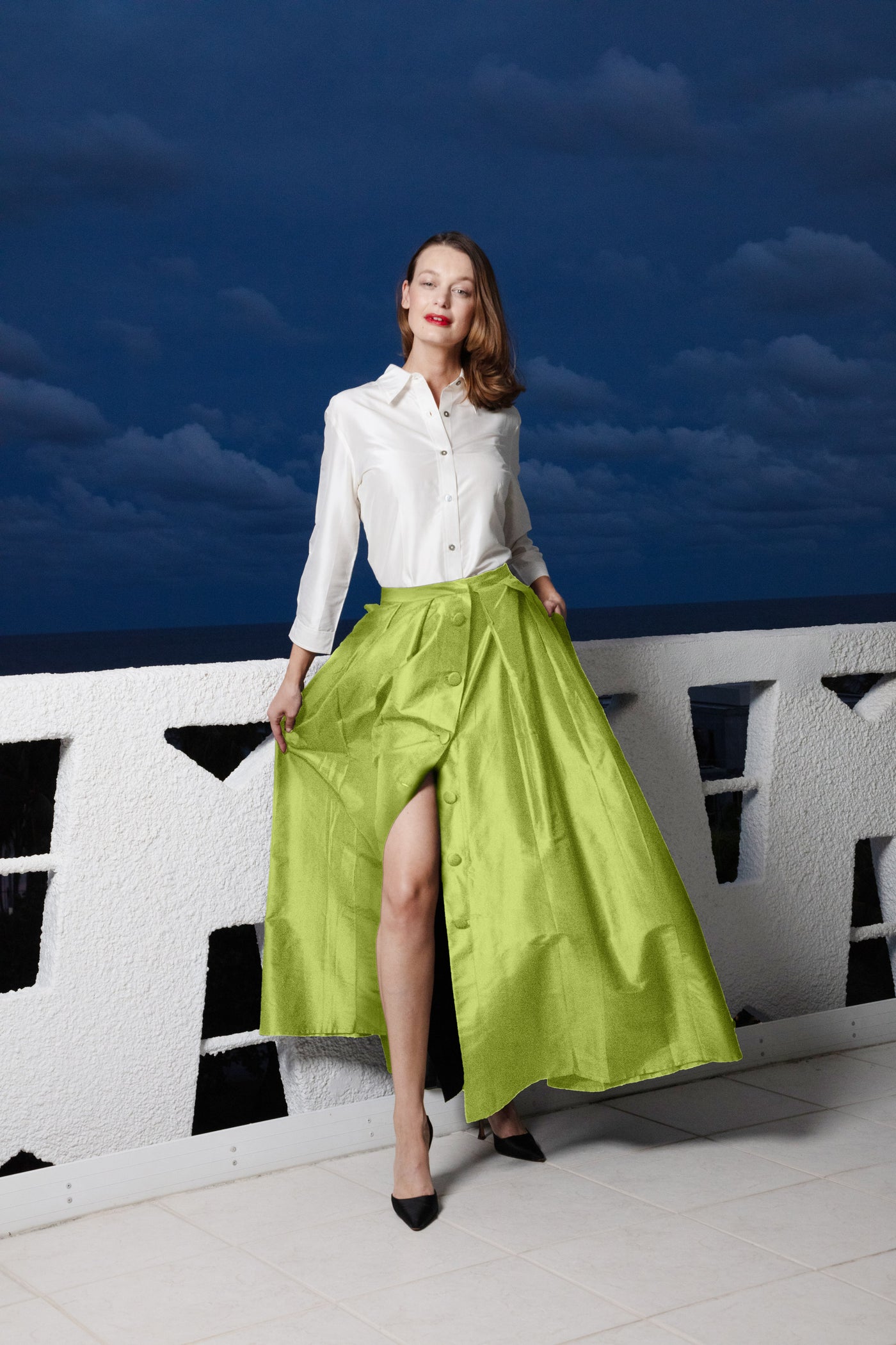 Ballgown Skirt with Slit Green Silk
