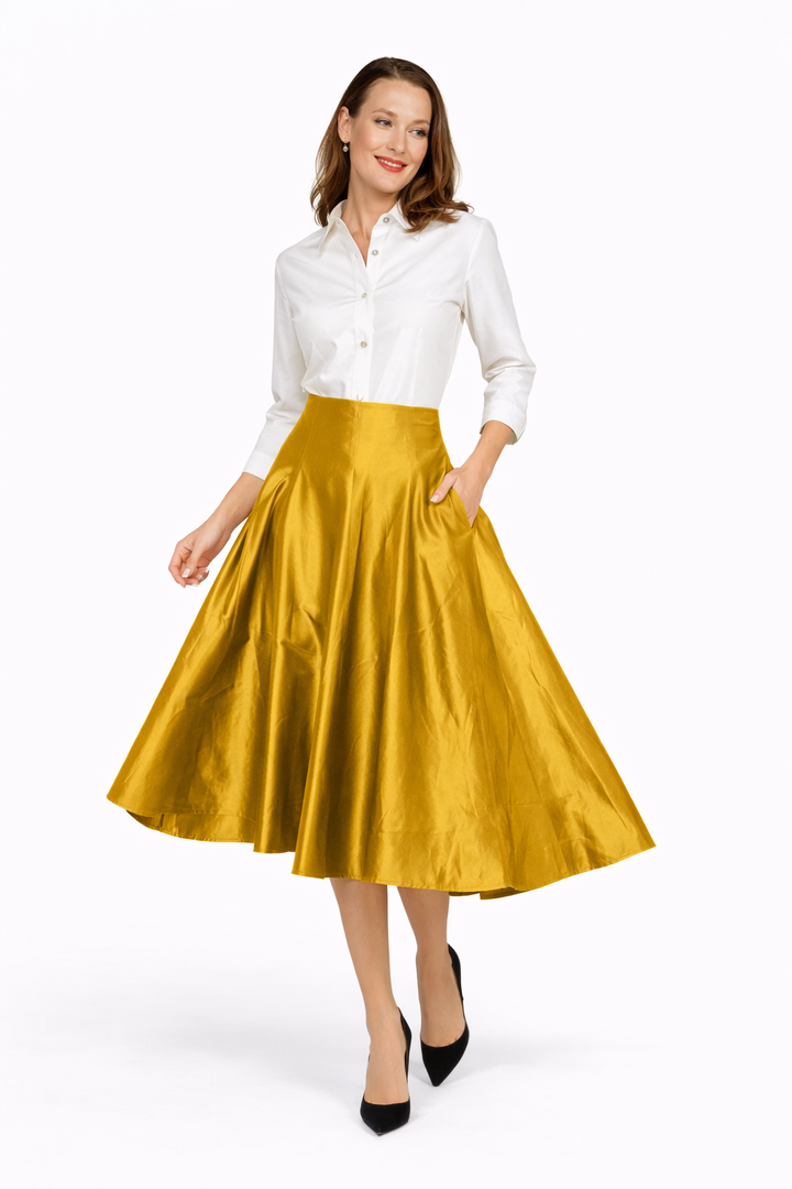 Mid-Calf Silk Skirt Gold Silk