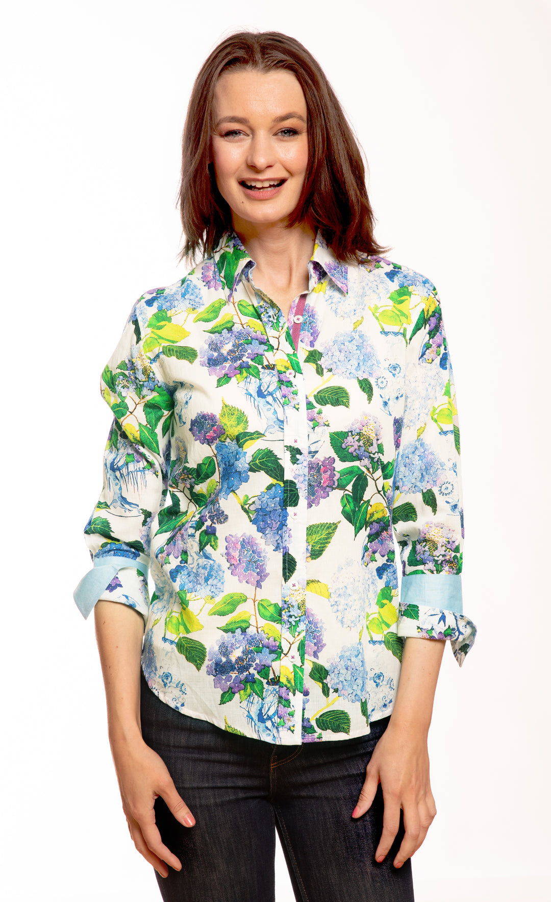 3/4 Sleeve Shirt Blue and Green Hydrangeas