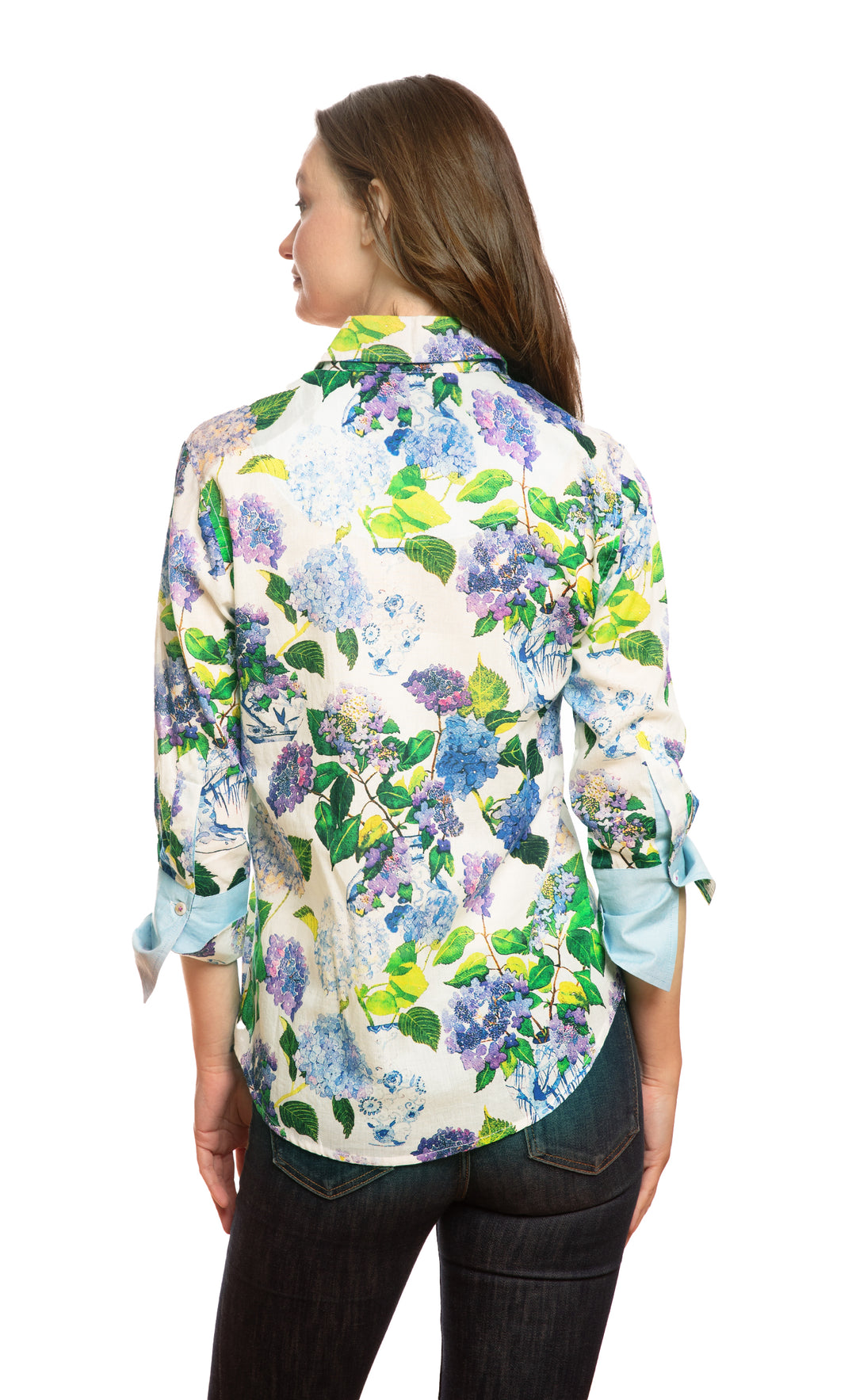 3/4 Sleeve Shirt Blue and Green Hydrangeas