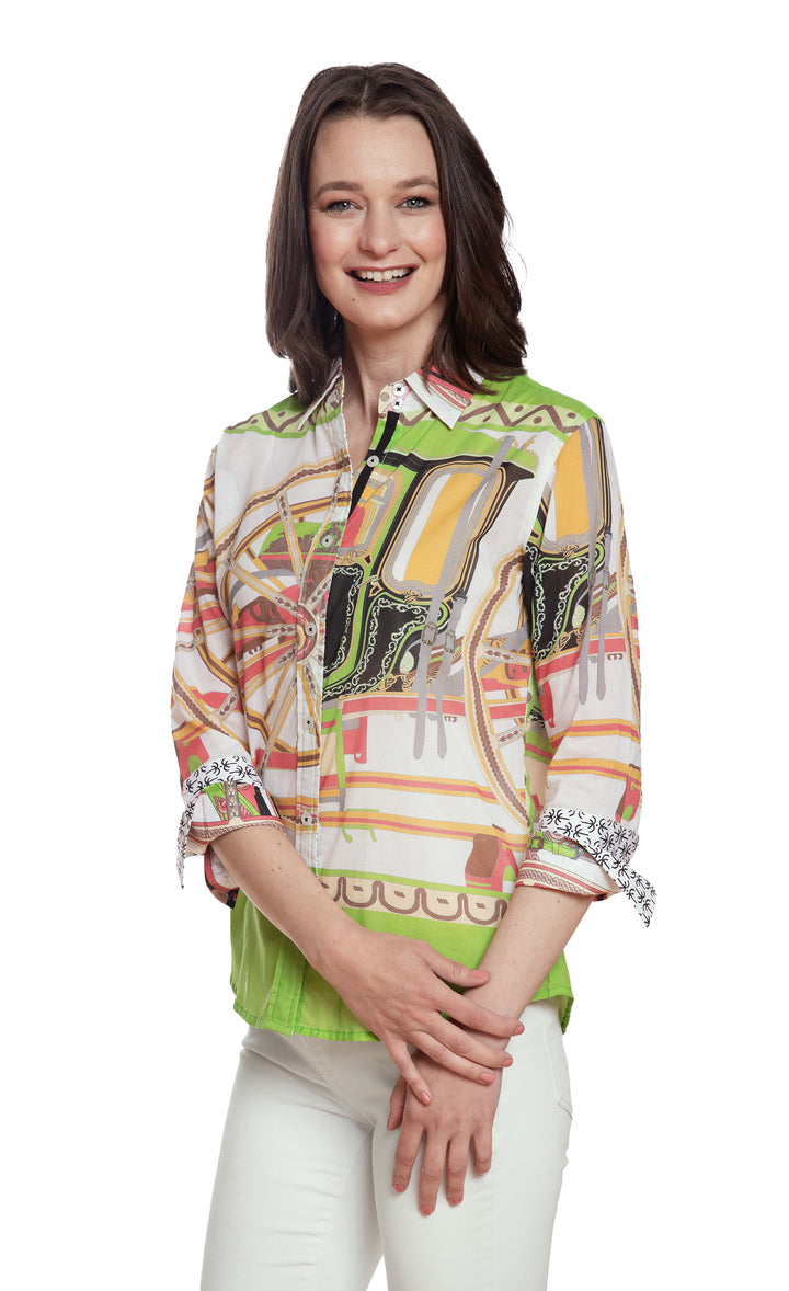 3/4 Sleeve Blouse Green Coach Print