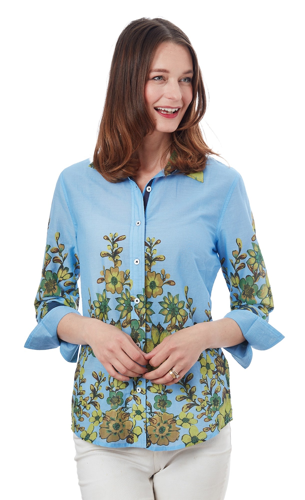 3/4 Sleeve Rome Shirt Light Blue And Leaves XS / 4023-R616L