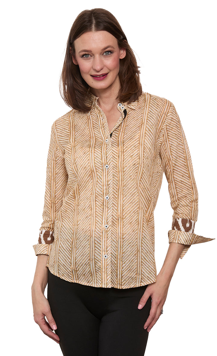 3/4 Sleeve Rome Shirt Khaki White Voile Wicker Print