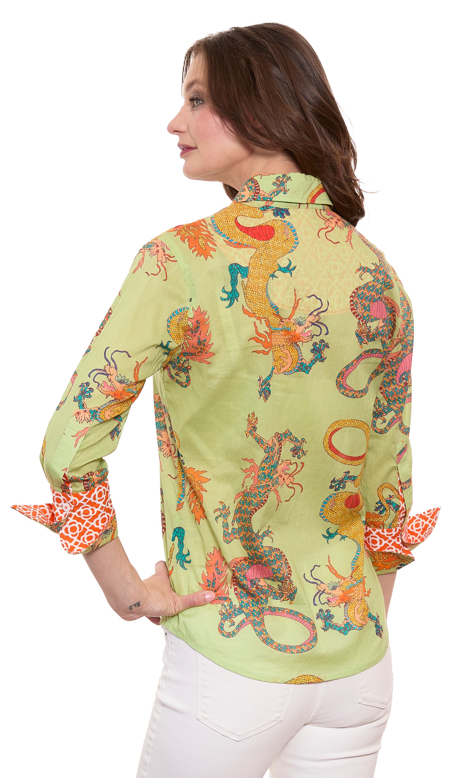 3/4 Sleeve Rome Shirt Soft Green Cotton Voile Dragon Print – Dizzy