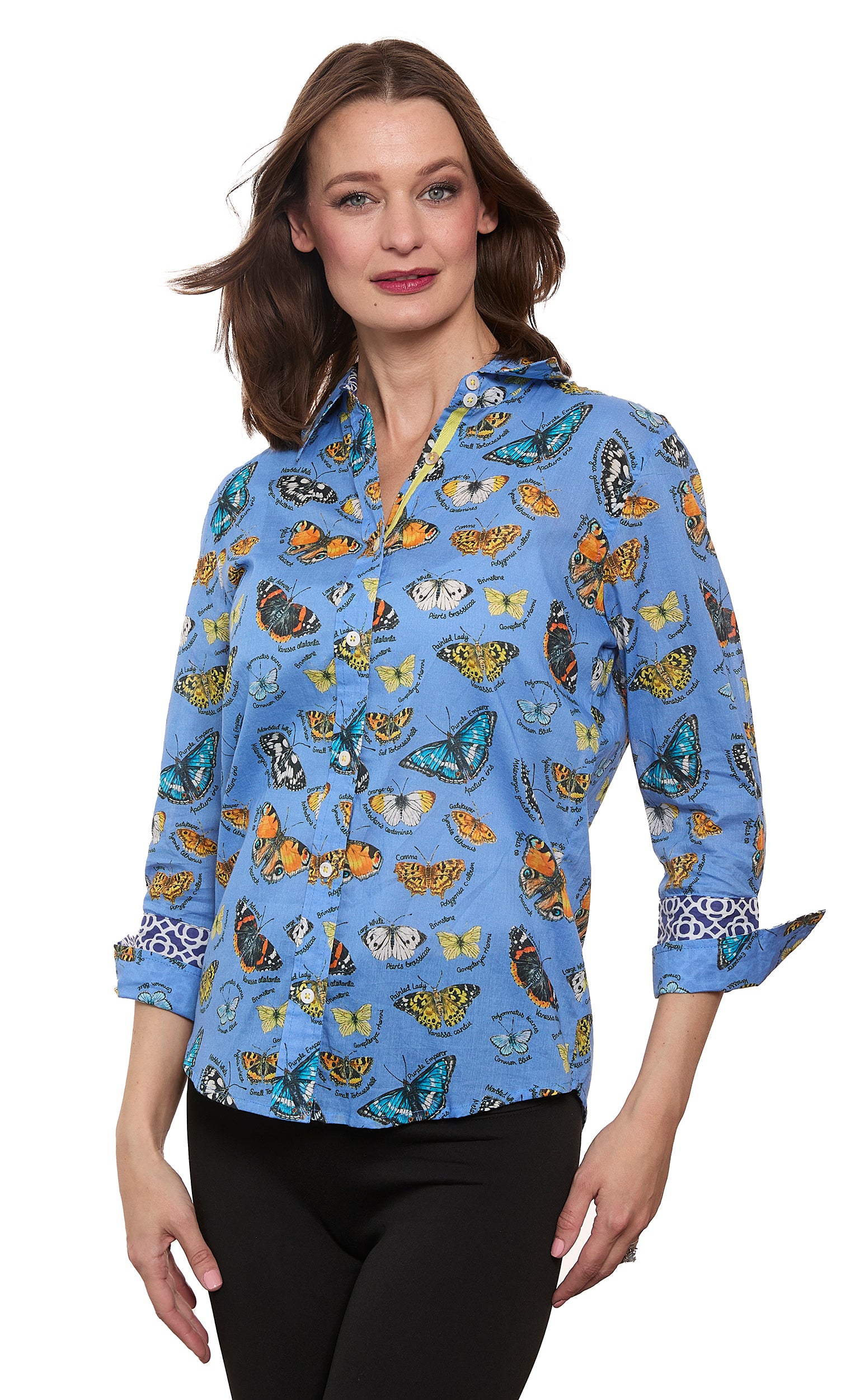 3/4 Sleeve Rome Shirt Blue Ground Cotton Voile Butterfly Print