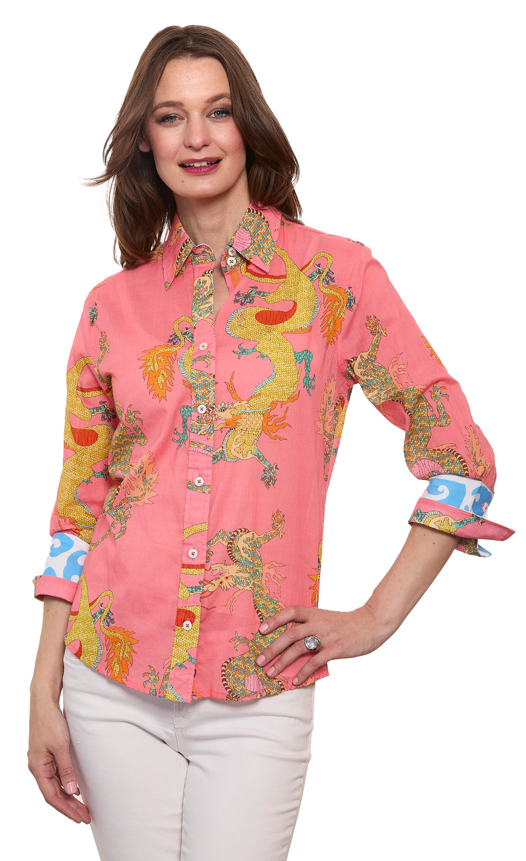 3/4 Sleeve Rome Shirt Coral Dragon Print