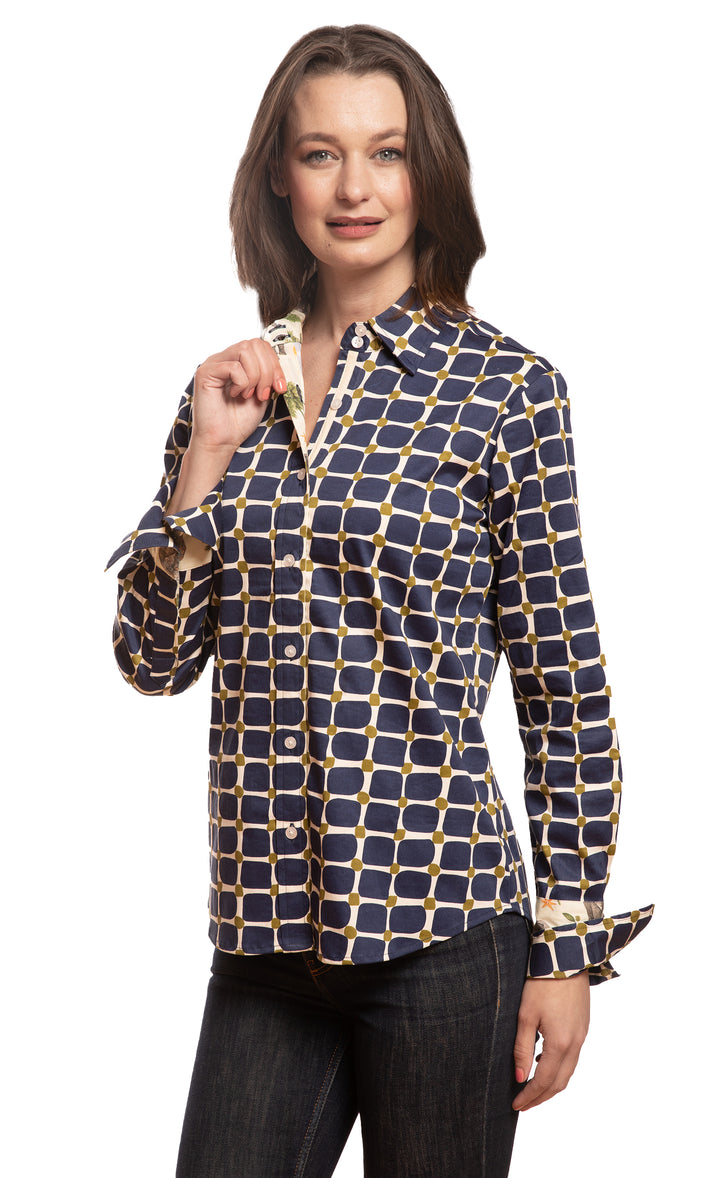 Rome Shirt Navy Olive Grid Print