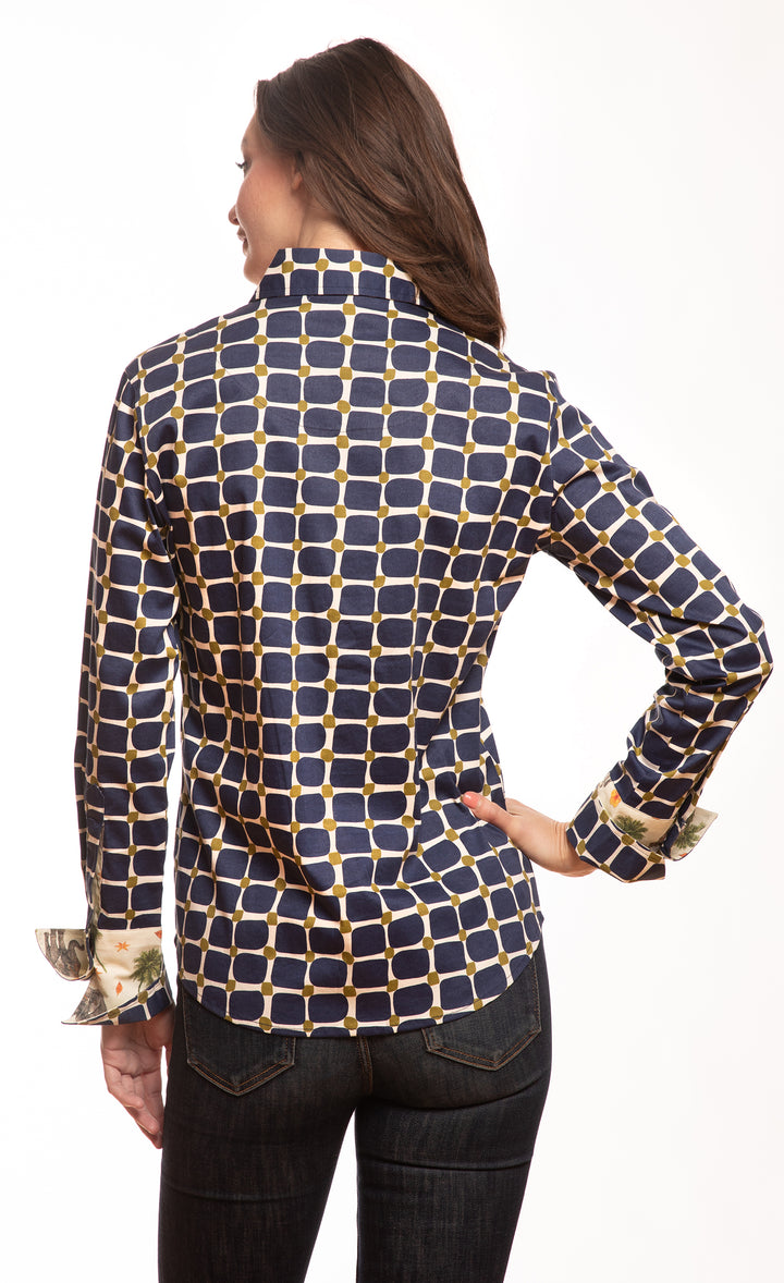 Rome Shirt Navy Olive Grid Print