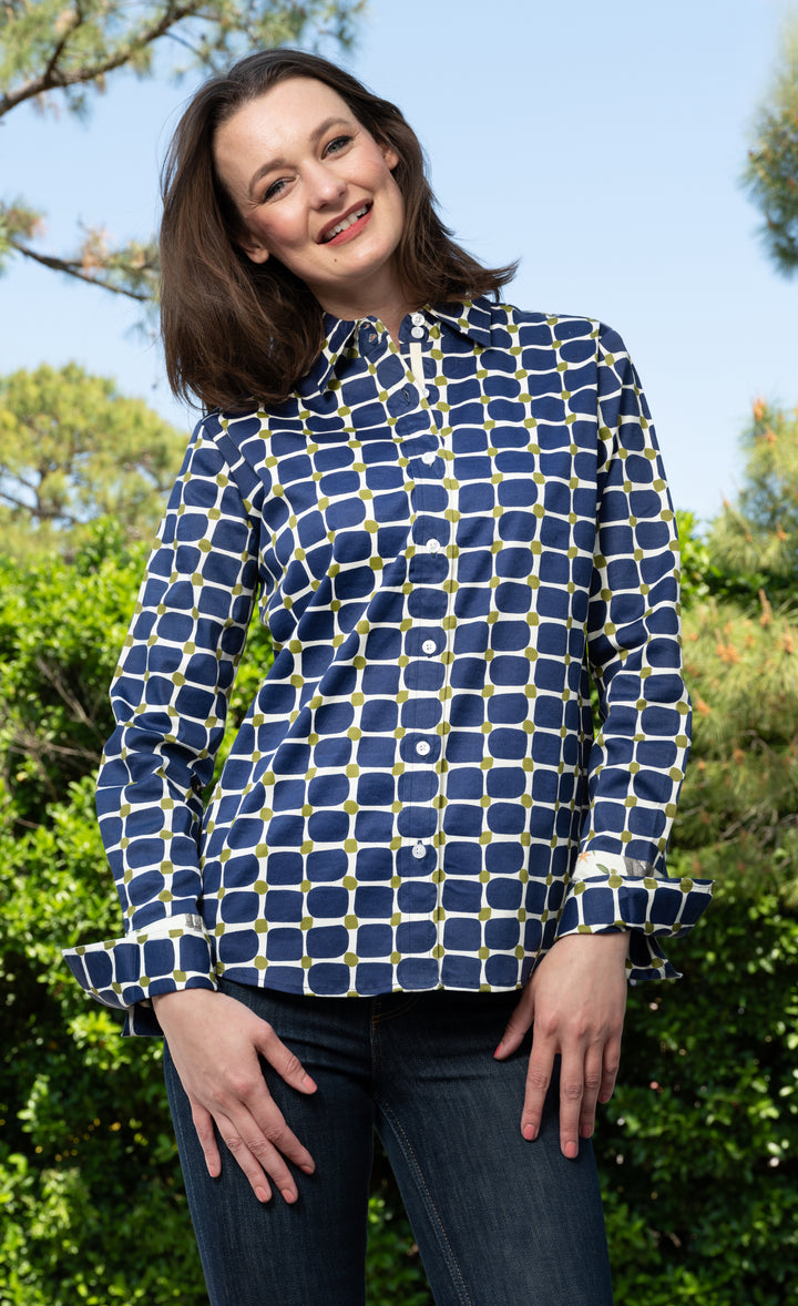 Rome Shirt Navy Olive Grid Print