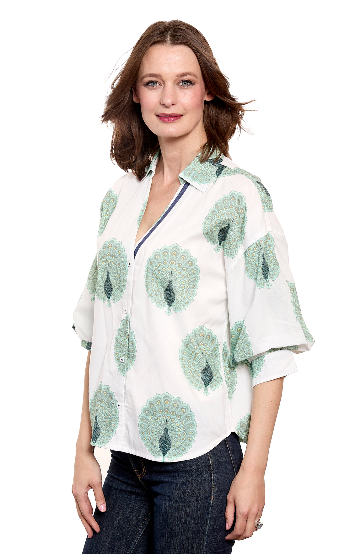 Milano Puff Sleeve Top Peacock Print Cotton Voile Ivory and Soft Green