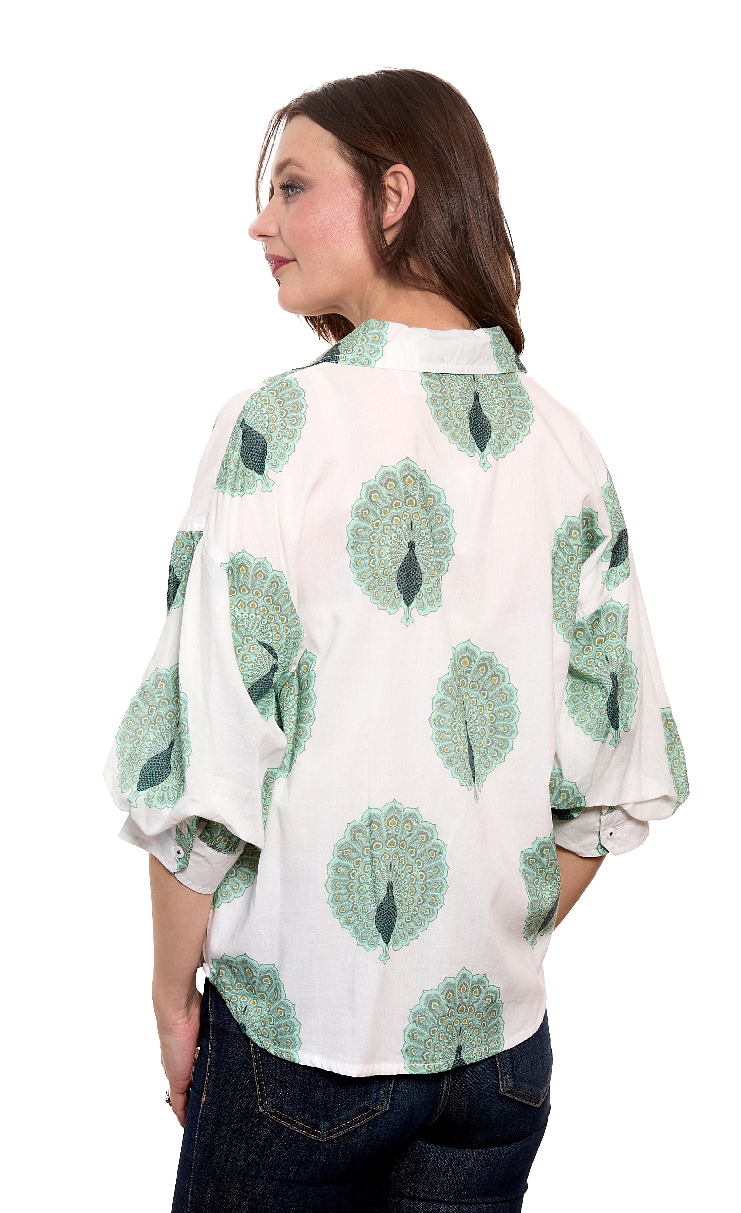 Milano Puff Sleeve Top Peacock Print Cotton Voile Ivory and Soft