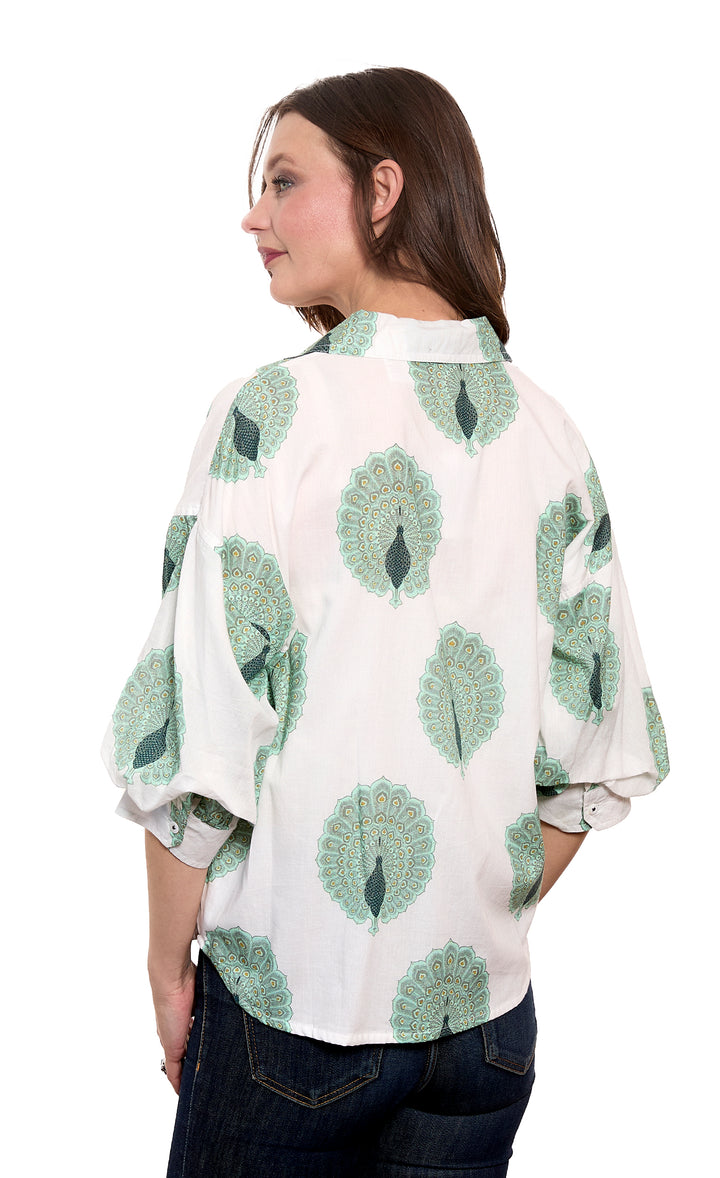 Milano Puff Sleeve Top Peacock Print Cotton Voile Ivory and Soft Green