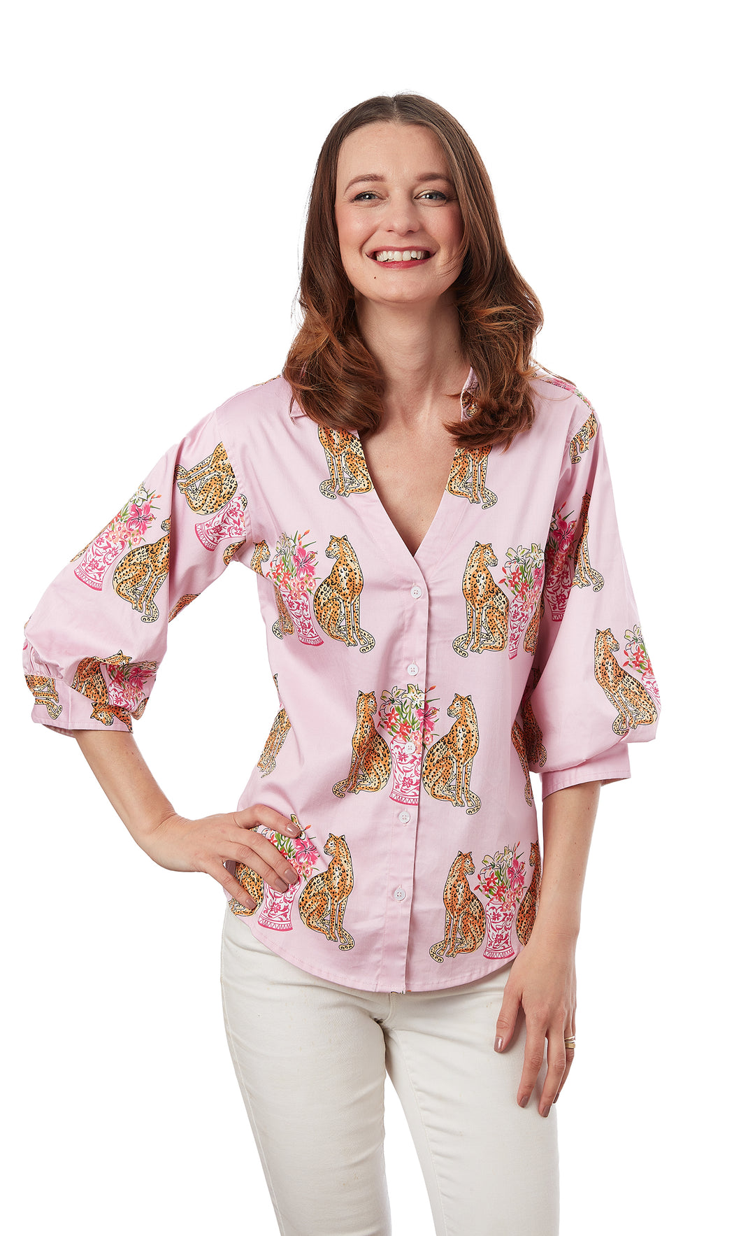 Puff Sleeve Top Pink With Cheetahs XS / 4060-S820A-XS