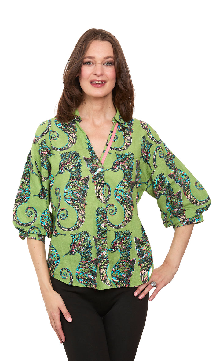 Milano Puff Sleeve Top Seahorse Print