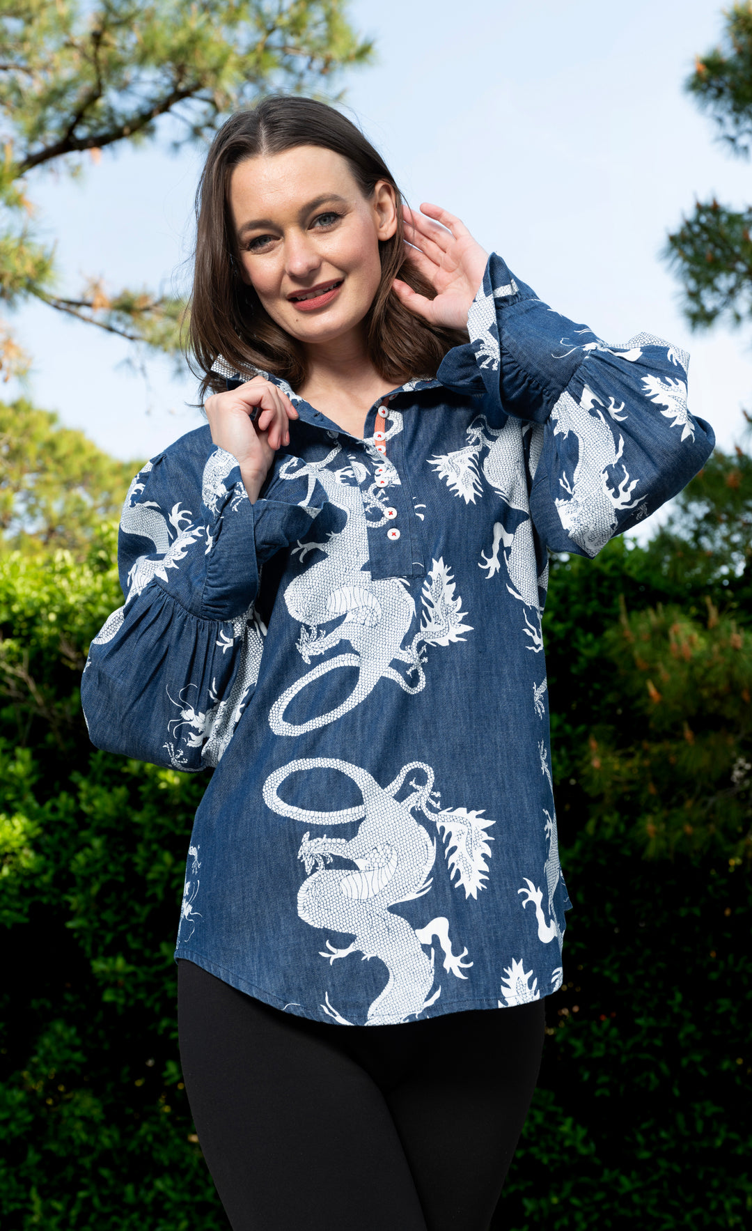 Oversized Top with Ruffle Neck Denim Dragon Pattern