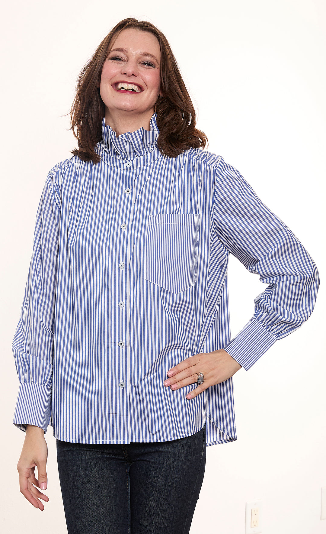 Multi Striped Blouse with Ruffle Collar