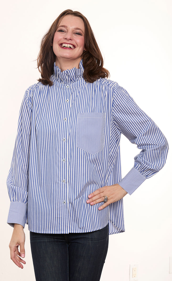 Multi Striped Blouse with Ruffle Collar