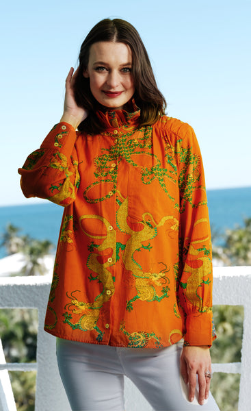 Sun Valley Oversized Shirt with Ruffle Collar Orange Dragon Print