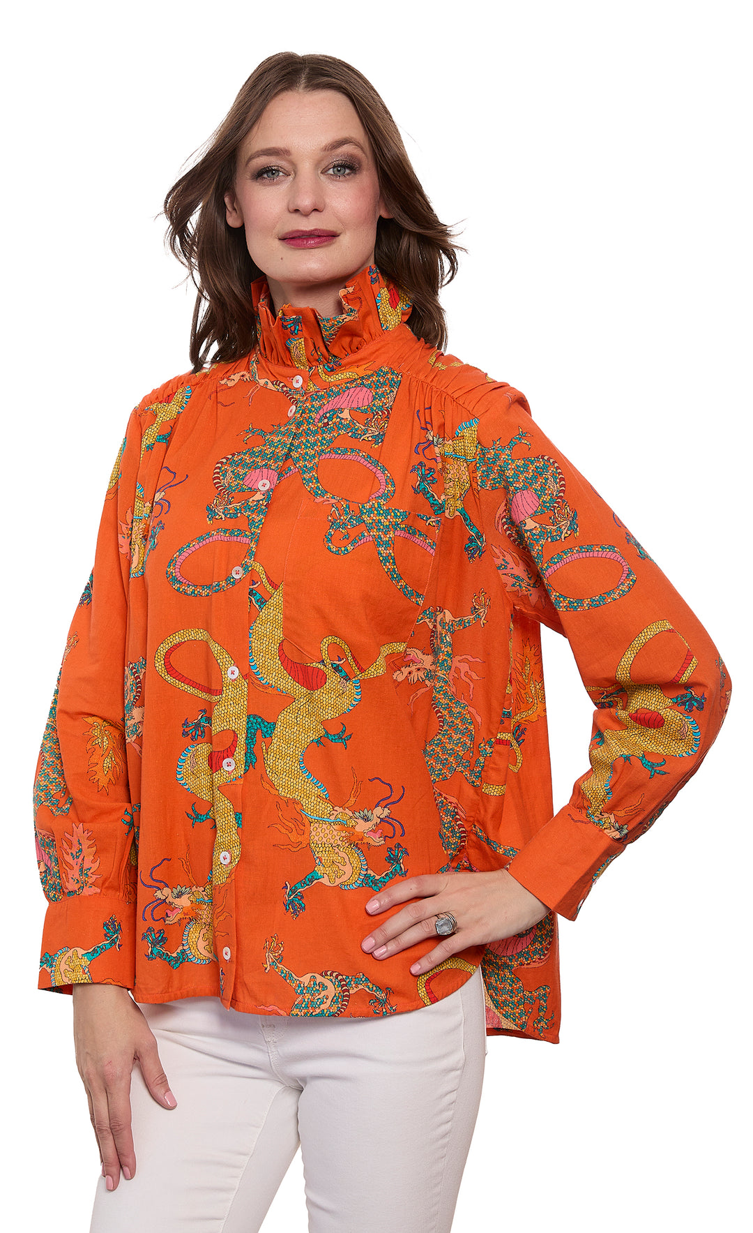 Sun Valley Oversized Shirt with Ruffle Collar Orange Dragon Print Cotton Linen