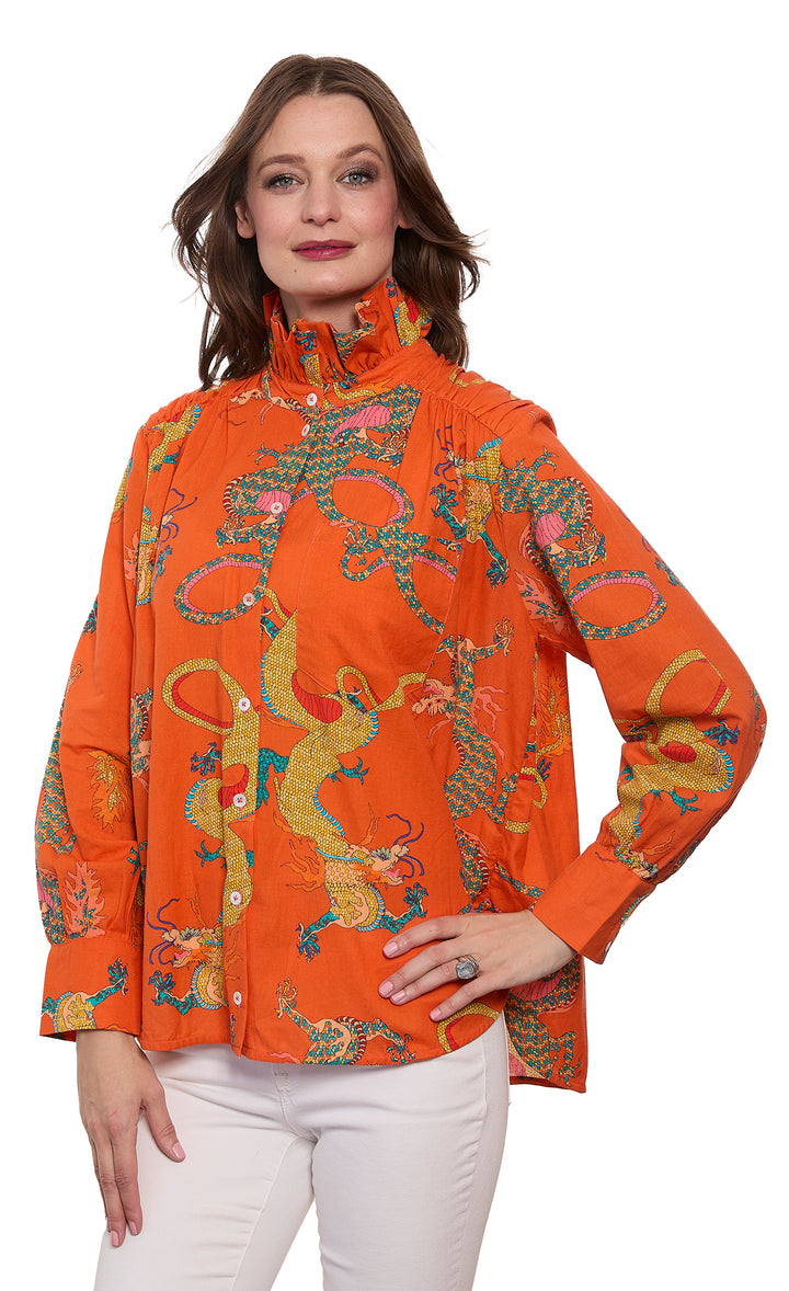 Sun Valley Oversized Shirt with Ruffle Collar Orange Dragon Print Cotton Linen