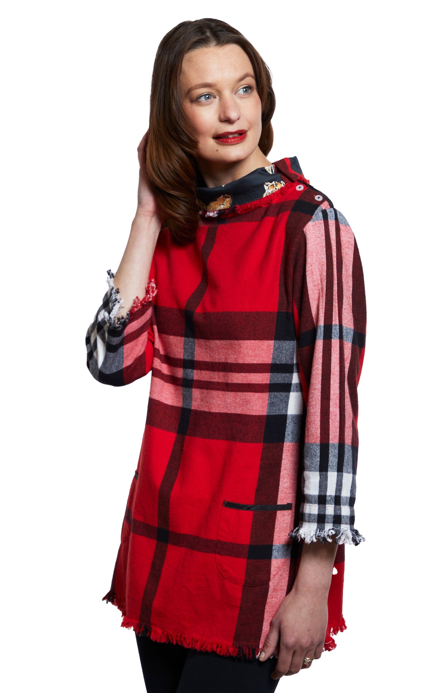 Aspen Cowl Neck Tunic With Fringe And Button Neck In Red Yarndyed Flannel Plaid XS / 4920-F3011R