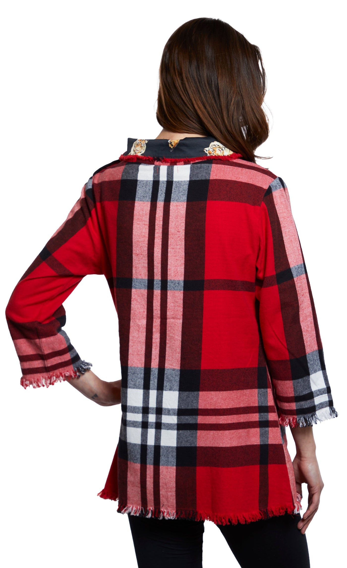 Aspen Cowl Neck Tunic With Fringe And Button Neck In Red Yarndyed Flannel Plaid XS / 4920-F3011R