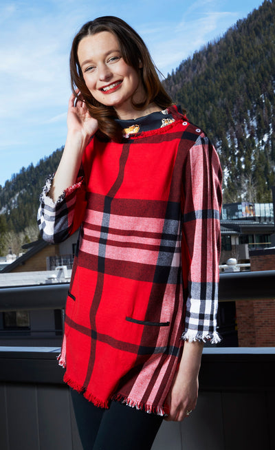 Aspen Cowl Neck Tunic With Fringe And Button Neck In Red Yarndyed Flannel Plaid XS / 4920-F3011R