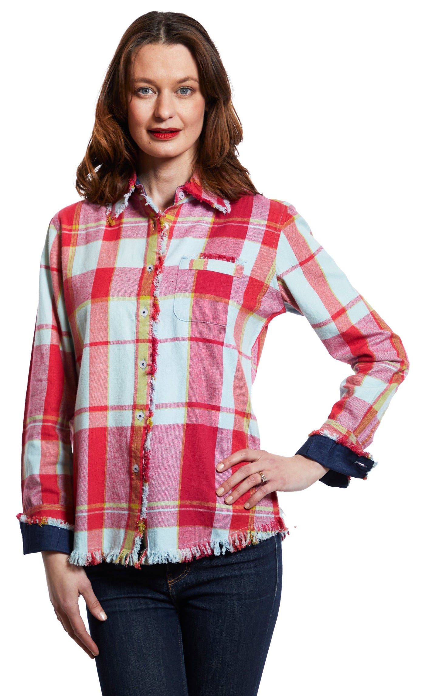 Cape Cod Tunic With Fringe Bottom In Soft Pink And Blue Yarndyed Flannel Plaid XS / 4949-F933