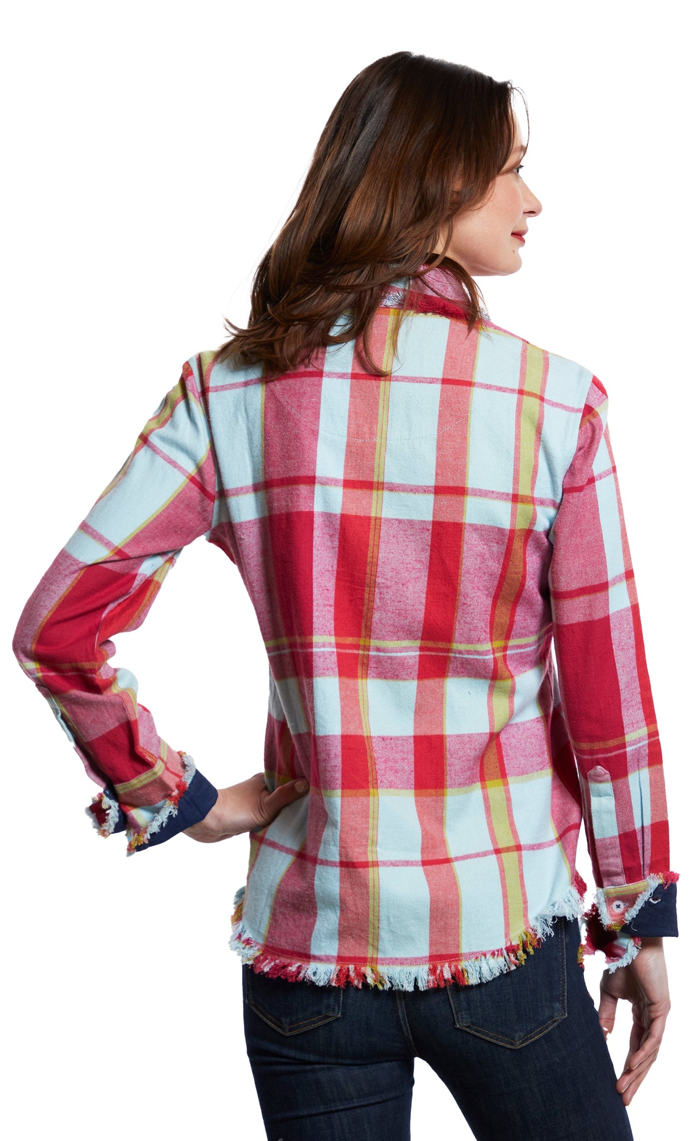 Cape Cod Tunic With Fringe Bottom In Soft Pink And Blue Yarndyed Flannel Plaid XS / 4949-F933