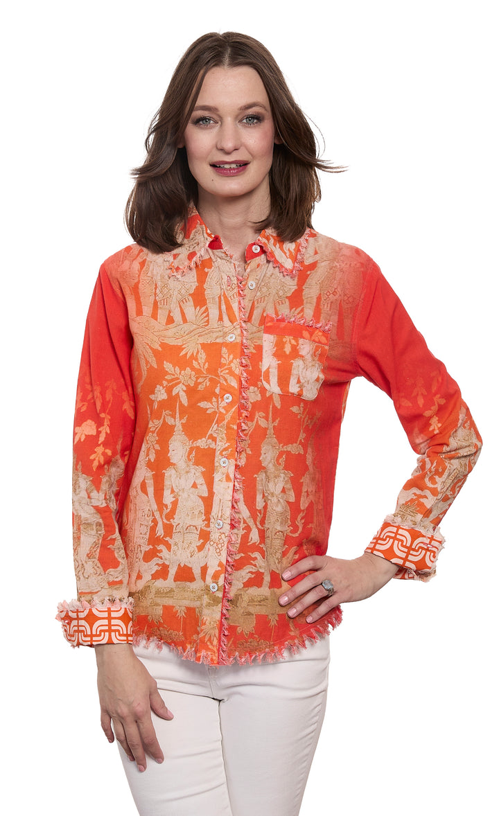 Cape Cod Top Orange Gold Thai Dancers Print Cotton Linen