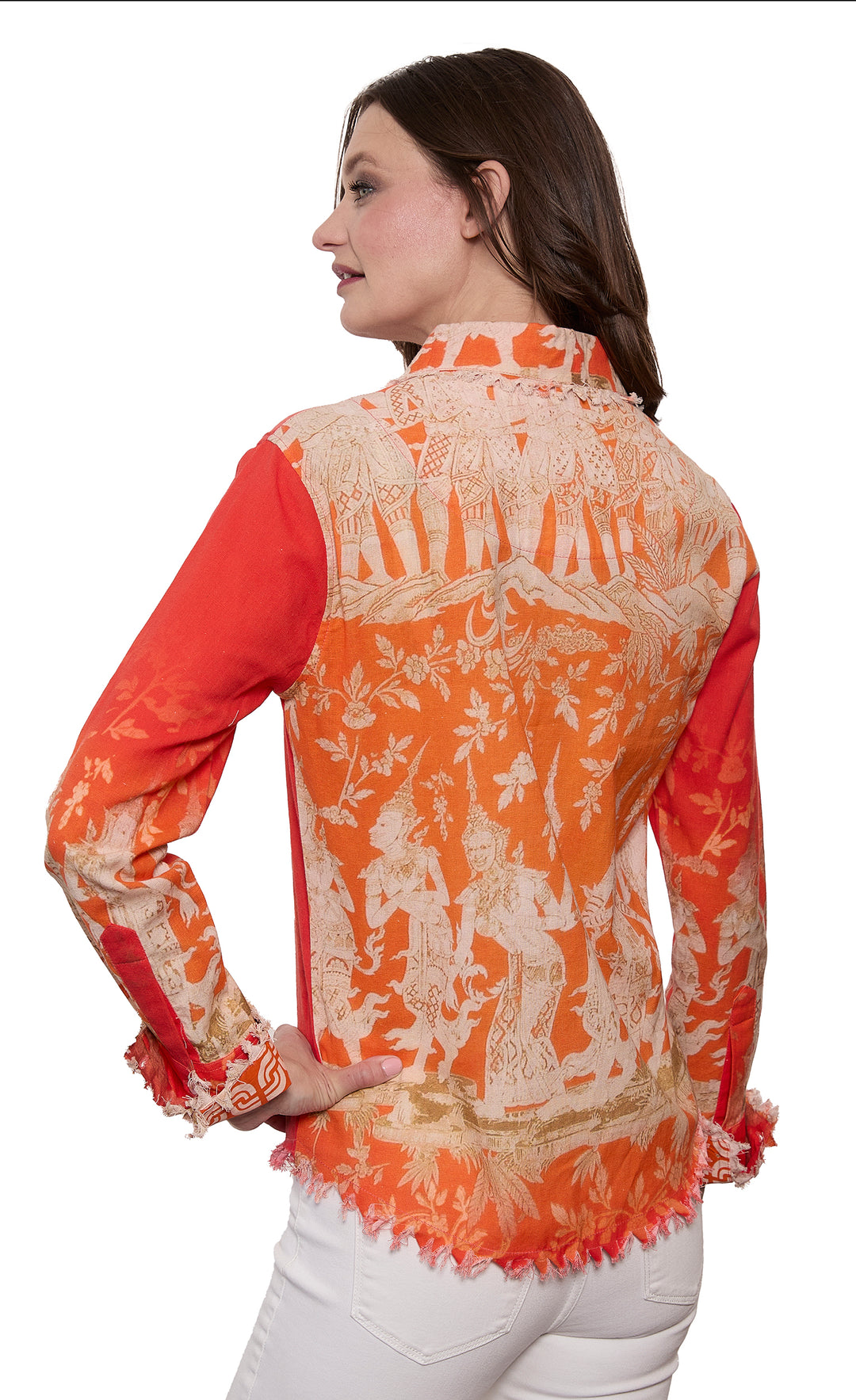 Cape Cod Top Orange Gold Thai Dancers Print Cotton Linen