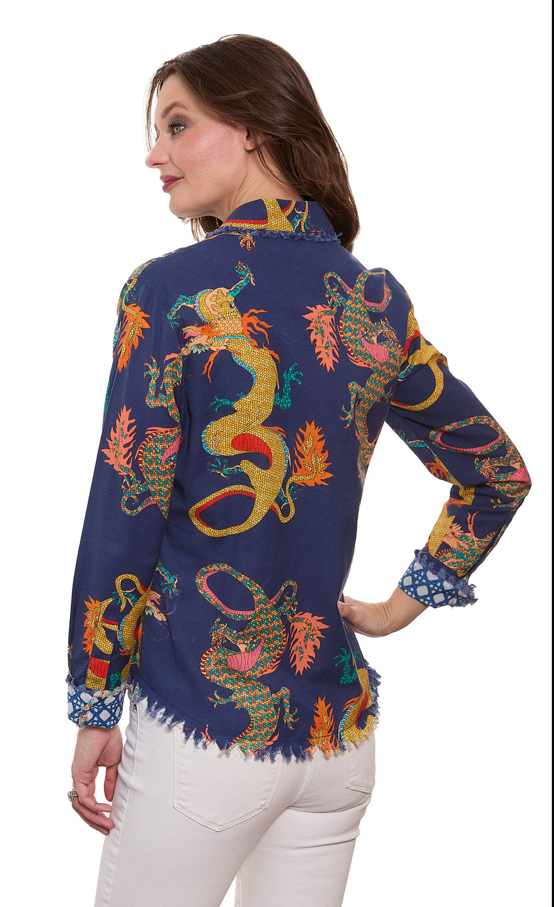 Cape Cod Top Navy Dragons On Linen Cotton