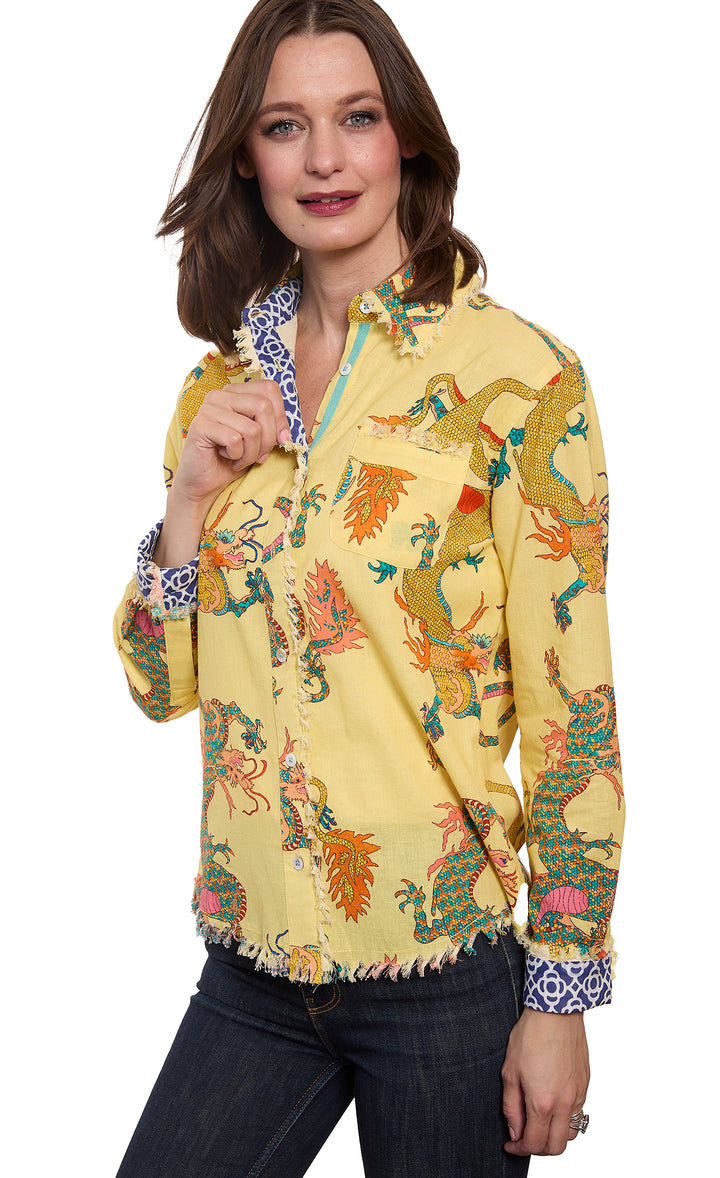 Cape Cod Top Butter Yellow Dragon Print On Cotton Linen