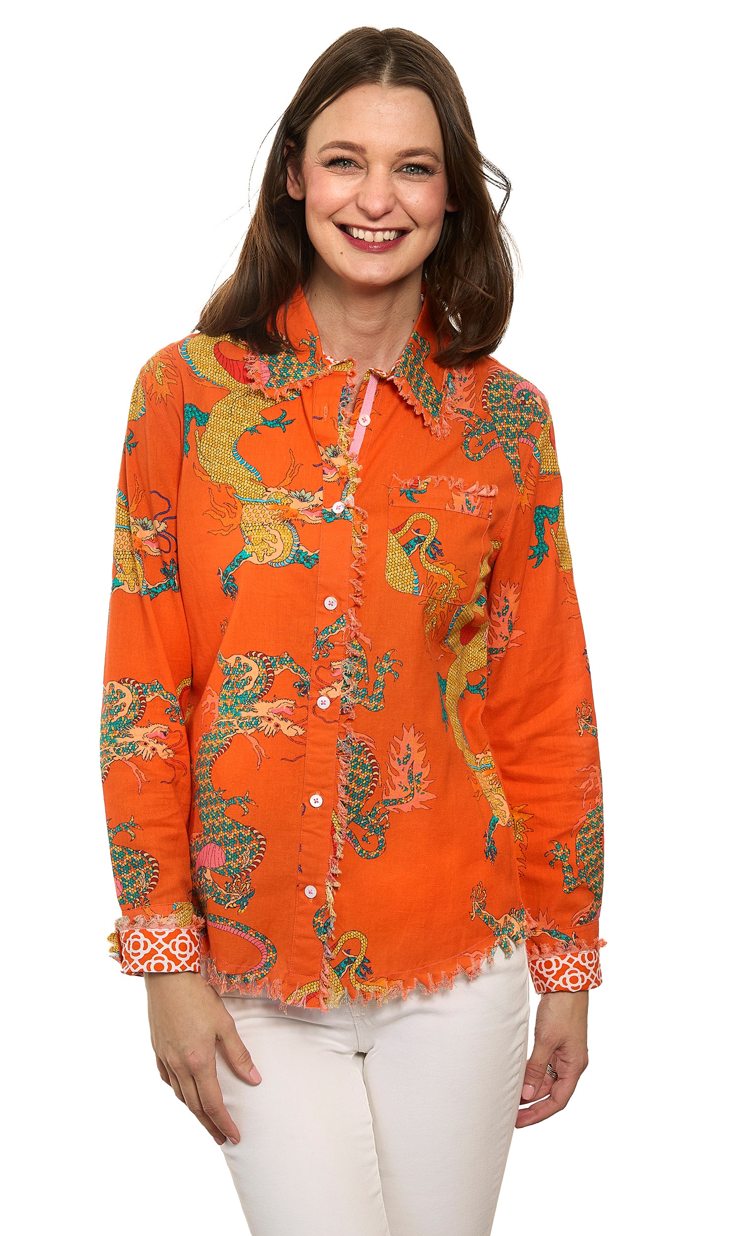 Cape Cod Top Orange Dragon Print On Cotton Linen – Dizzy-Lizzie