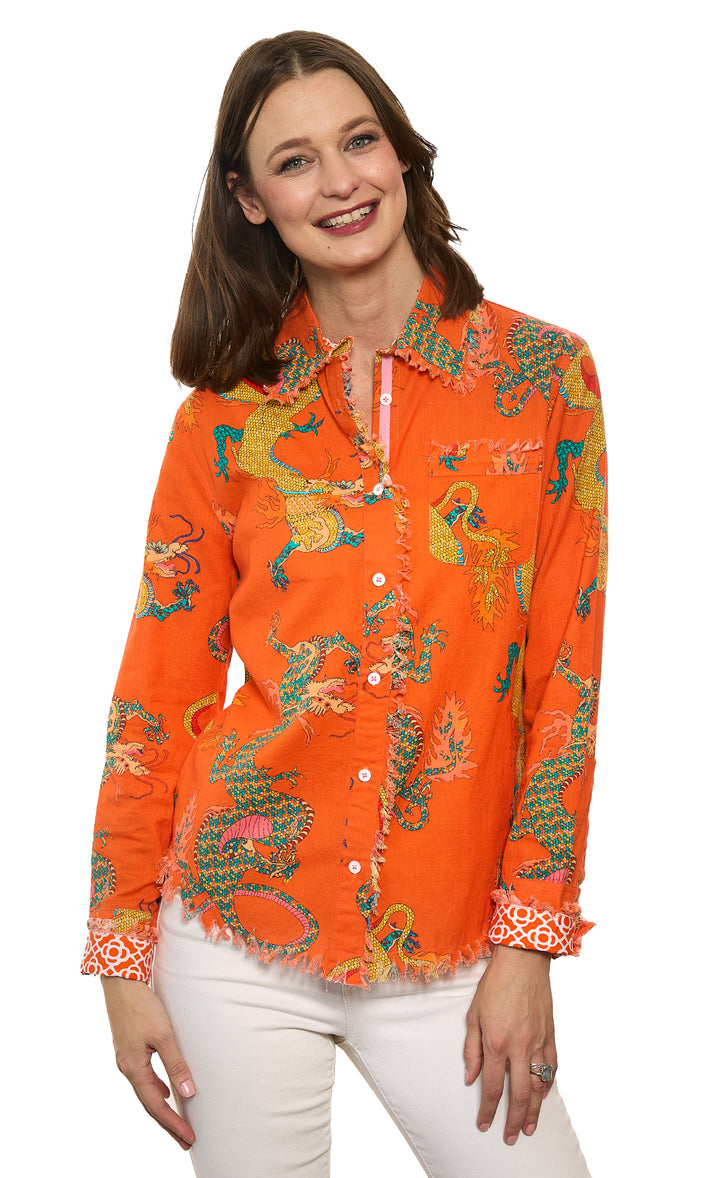 Cape Cod Top Orange Dragon Print On Cotton Linen