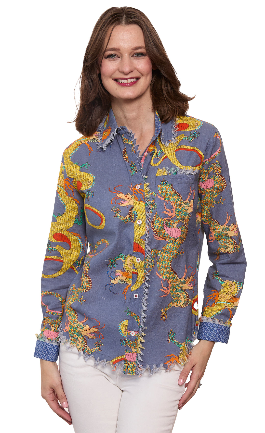 Cape Cod Top Linen Cotton Blu Dragons Print