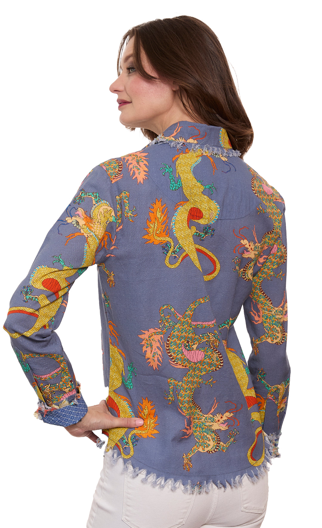 Cape Cod Top Linen Cotton Blu Dragons Print