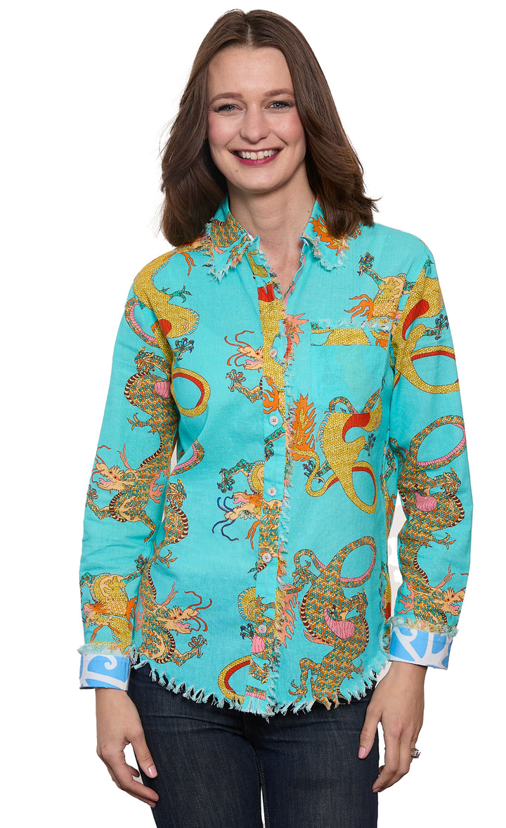 Cape Cod Top Linen Cotton Turquoise Dragons Print