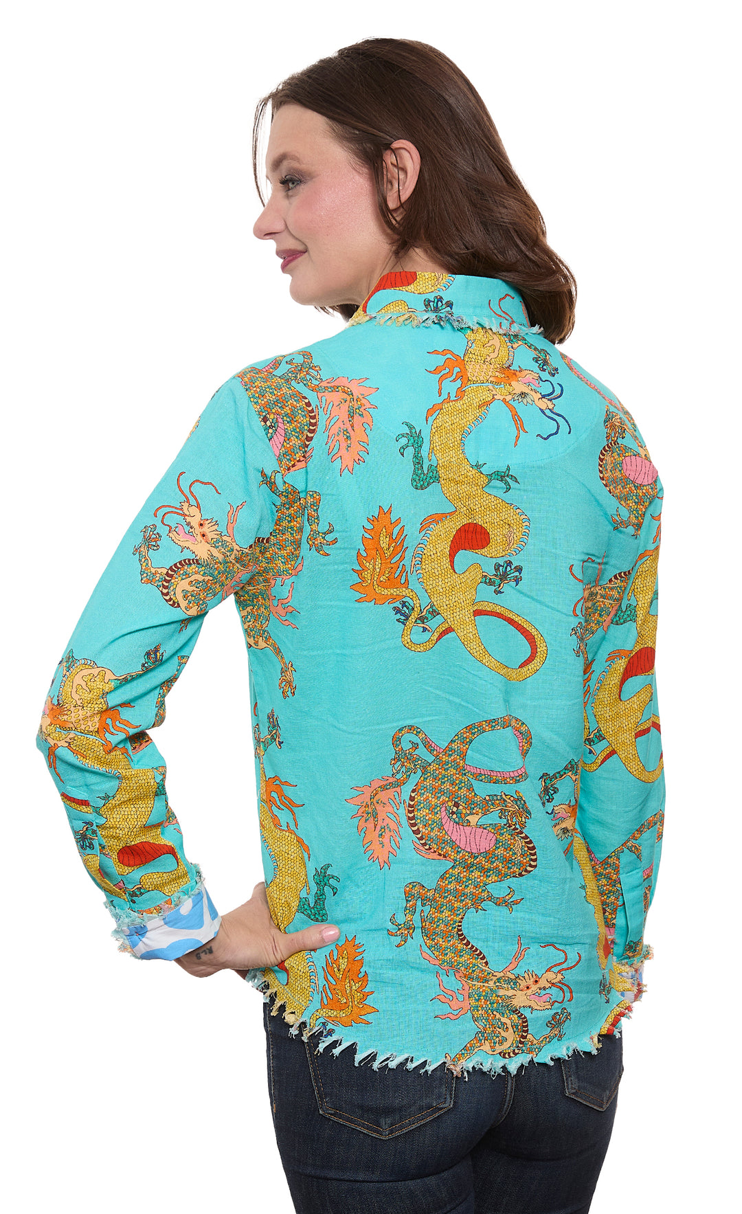 Cape Cod Top Linen Cotton Turquoise Dragons Print