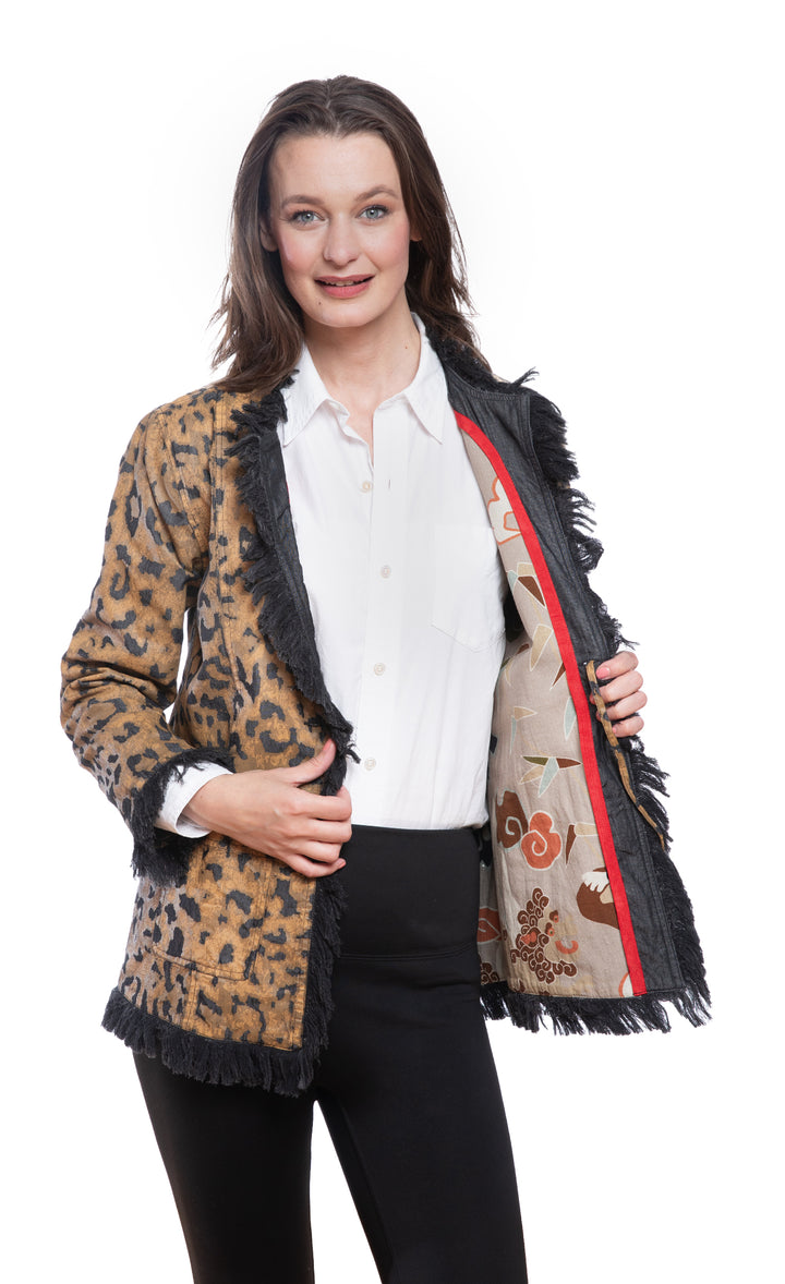 Fringed Jacket Animal Print On Denim
