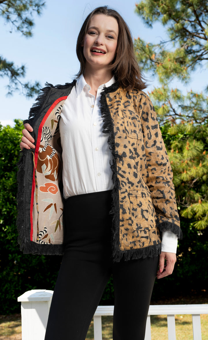Fringed Jacket Animal Print On Denim