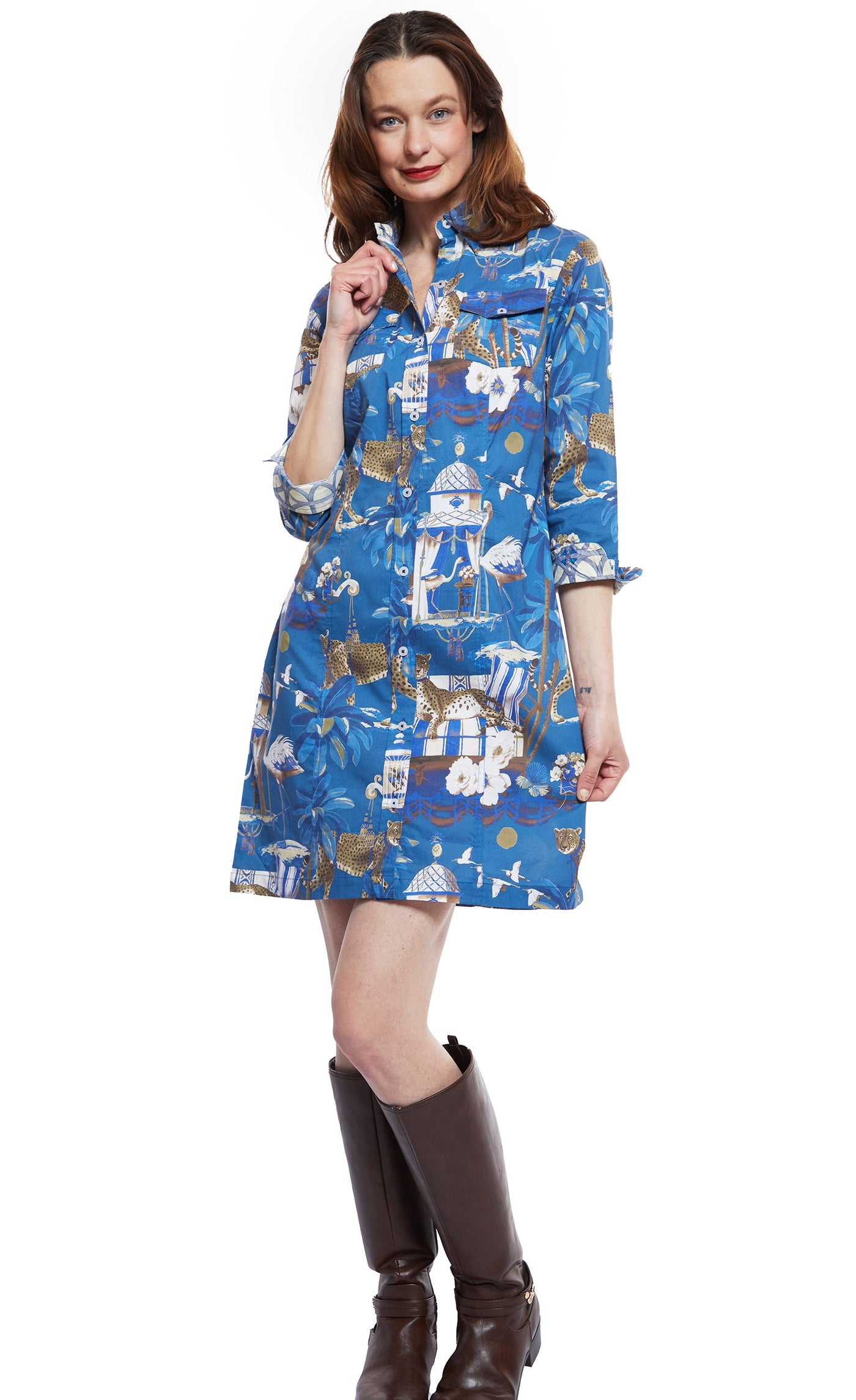 Sag Harbor Dress With Pagoda And Cheetahs On Blue Ground XS / 611-F929