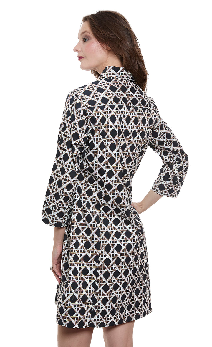 Sag Harbor Shirtdress Black and White Wicker Print Stretch Poplin