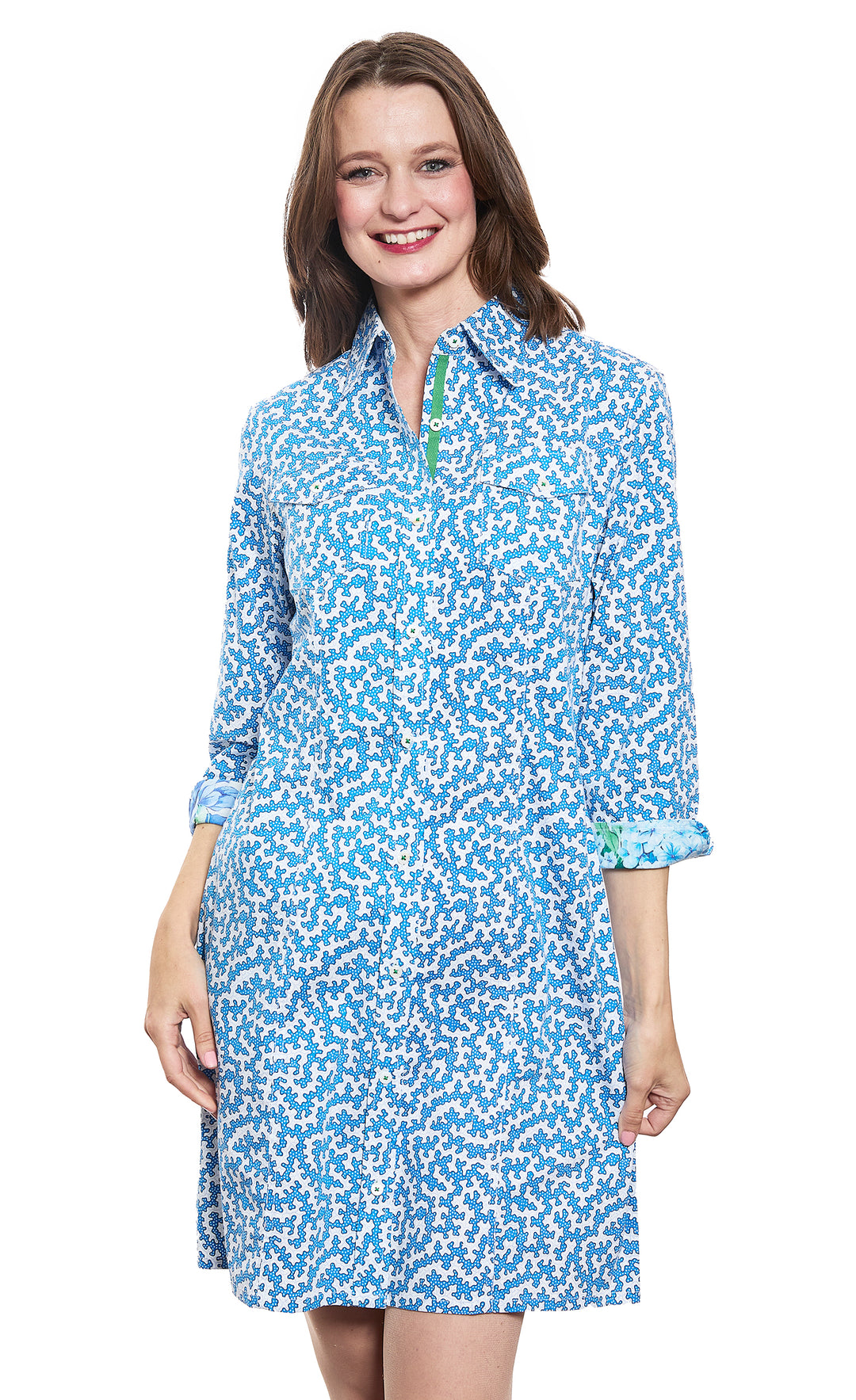 Sag Harbor Shirtdress Blue and Pink Coral Print Stretch Poplin